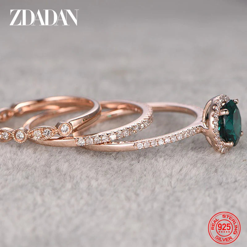 ZDADAN 925 Sterling Silver 3pcs Geometric Emerald Rings For Women Fashion Jewelry Party Gift