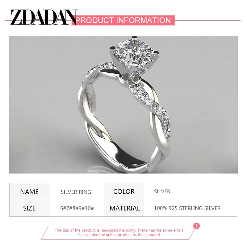 ZDADAN 925 Sterling Silver AAA White Cubic Zircon Ring For Women Wedding Jewelry Party Gift