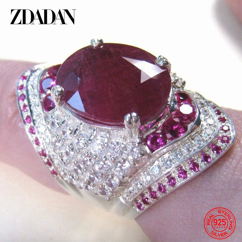 ZDADAN 925 Sterling Silver Ruby Ring For Women Zircon Finger Rings Fashion Jewelry Gifts