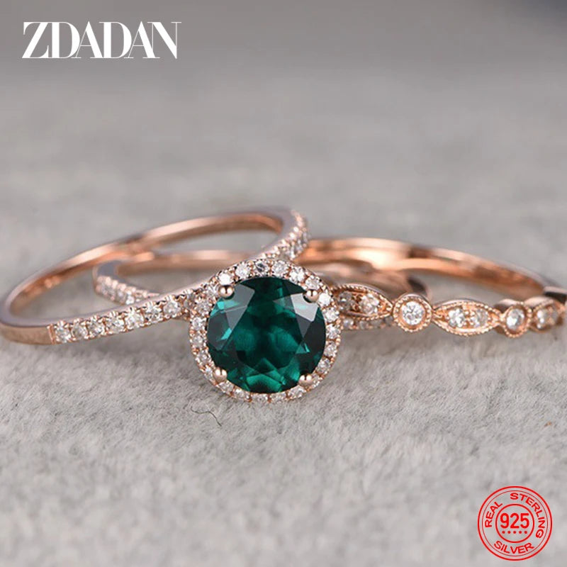 ZDADAN 925 Sterling Silver 3pcs Geometric Emerald Rings For Women Fashion Jewelry Party Gift