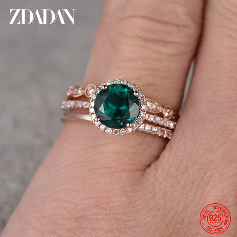 ZDADAN 925 Sterling Silver 3pcs Geometric Emerald Rings For Women Fashion Jewelry Party Gift