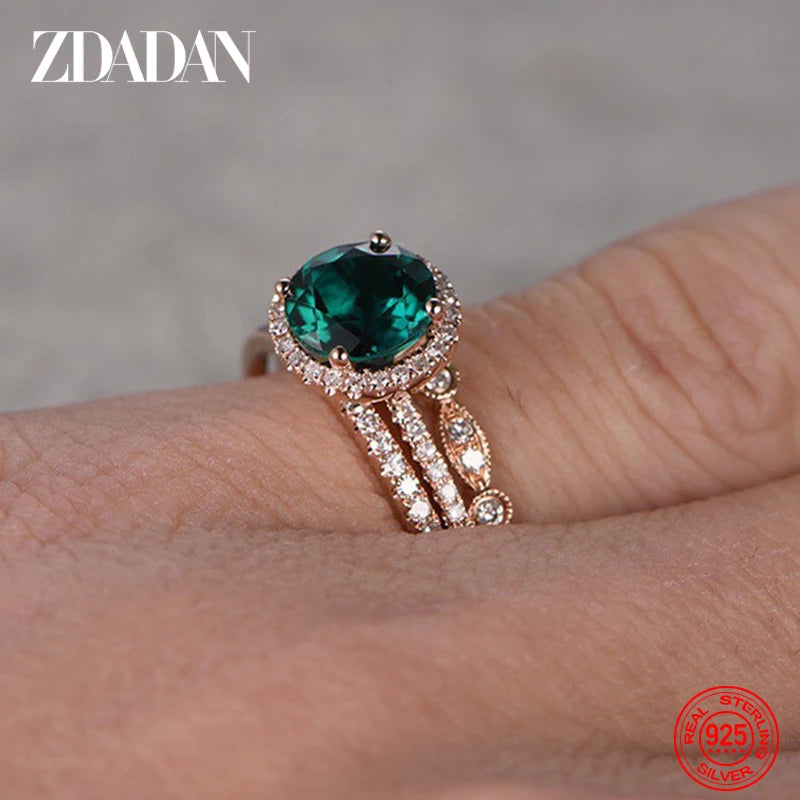 ZDADAN 925 Sterling Silver 3pcs Geometric Emerald Rings For Women Fashion Jewelry Party Gift