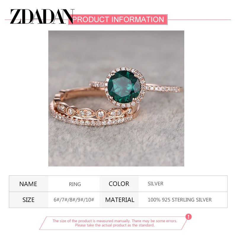 ZDADAN 925 Sterling Silver 3pcs Geometric Emerald Rings For Women Fashion Jewelry Party Gift