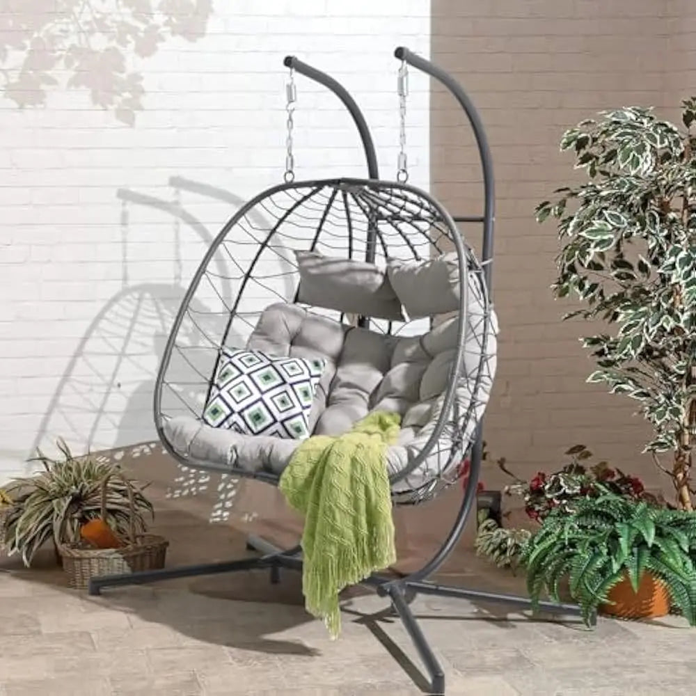 Double Rattan Swing Egg Chair with Side Pockets, Foldable Hanging Egg Chair with Stand, Outdoor and Indoor Egg Chairs