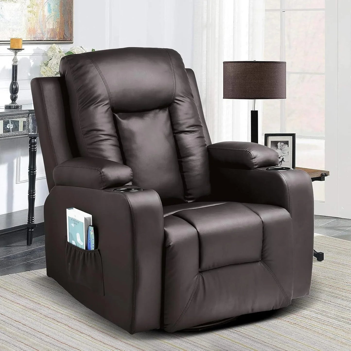 Recliner Chair, PU Rocking Chair for Adults,Swivel Reclinerand Massage,Single Sofa Seat with Side Pockets, Living Room,Bedroom