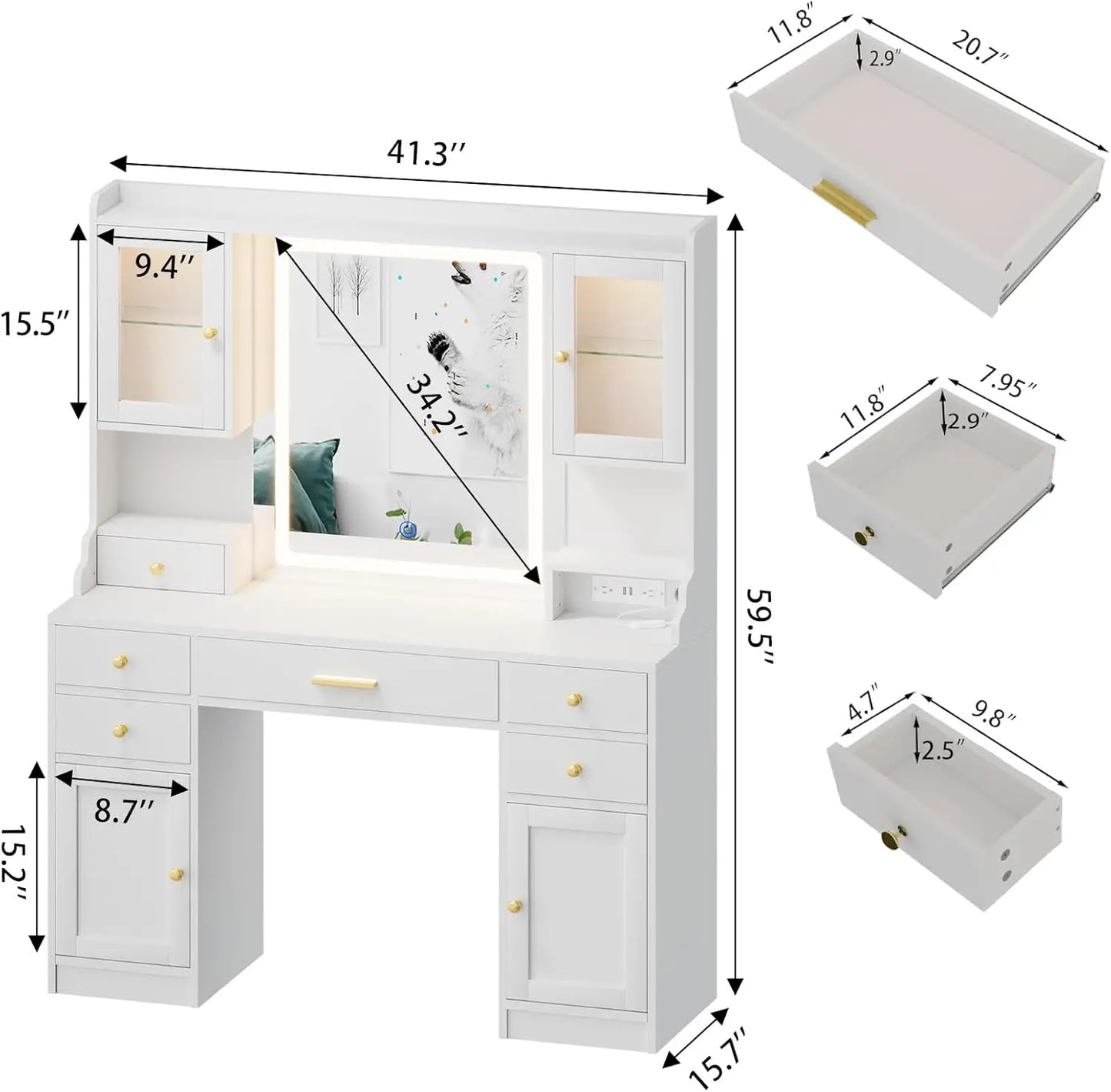 White Vanity Desk with Mirror,Lights and Charging Station,Make up Vanity Mirror with 3 Lights Mode and Brightness Adjusted