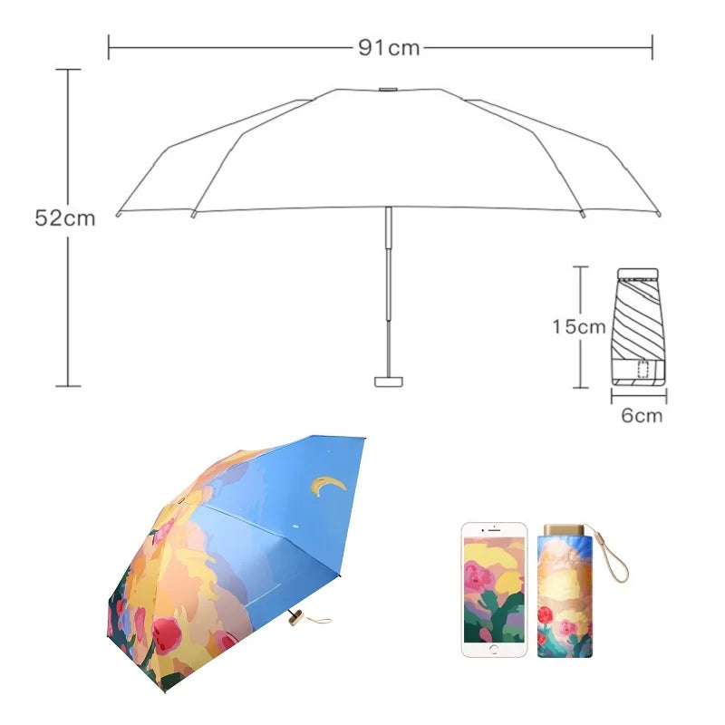 Mini Sun Umbrella Rose Oil Painting Small Pocket Rain Umbrella Folding Umbrella UV Ultraviolet Protection Sun Shade Parasol 우산