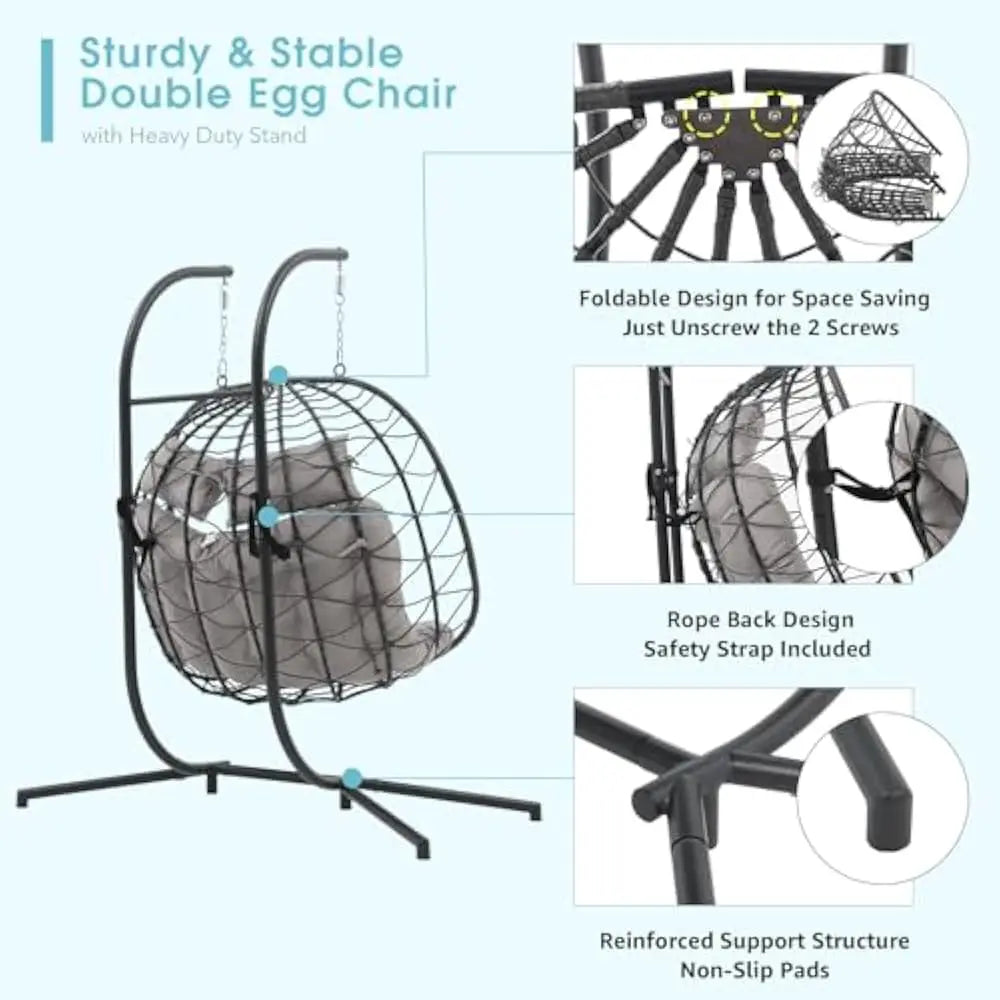 Double Rattan Swing Egg Chair with Side Pockets, Foldable Hanging Egg Chair with Stand, Outdoor and Indoor Egg Chairs