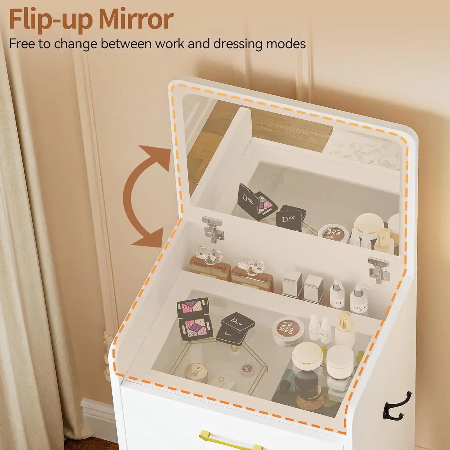 3in 1 Vanity Desk with Plip Top Mirror,Small Make Up Vanity Set with Visible Glass Desktop,Compact Makeup Vanity