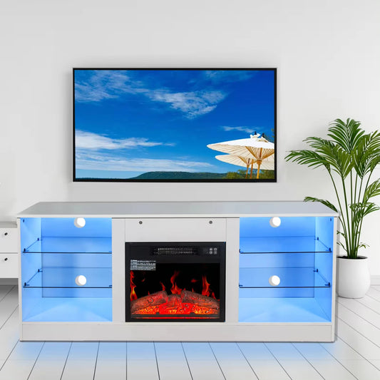 ireplace TV Stand With 18 Inch  Fireplace Heater,Modern Entertainment Center  TVs  to 62 Inch With Adjustable Glass