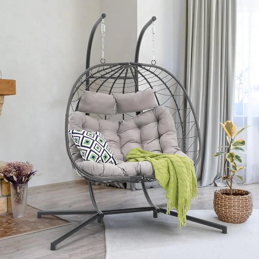 Double Rattan Swing Egg Chair with Side Pockets, Foldable Hanging Egg Chair with Stand, Outdoor and Indoor Egg Chairs