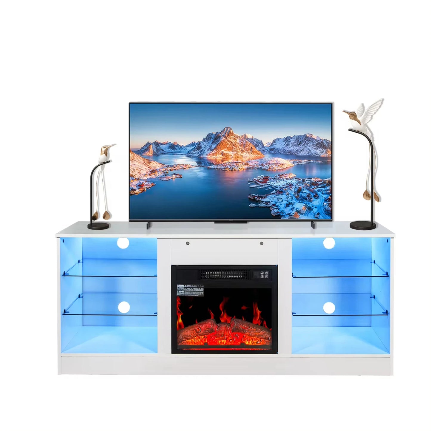 ireplace TV Stand With 18 Inch  Fireplace Heater,Modern Entertainment Center  TVs  to 62 Inch With Adjustable Glass