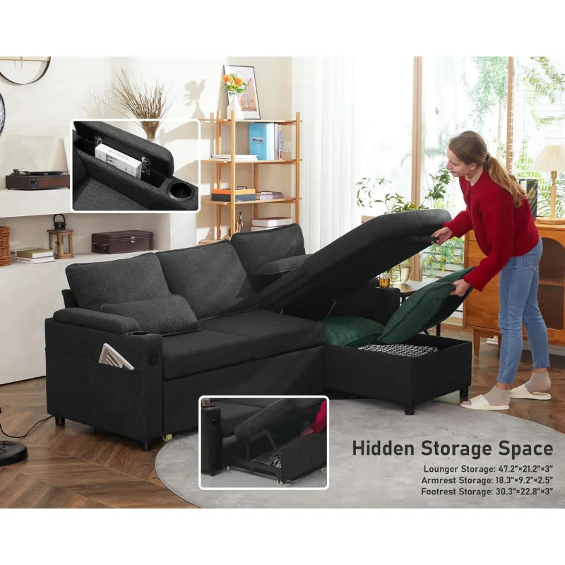 Sofa Bed Sleeper Pull Out 2 in 1 Sectional Couches with Storage,USB,Cup Holder,Pullout Sectional Couches