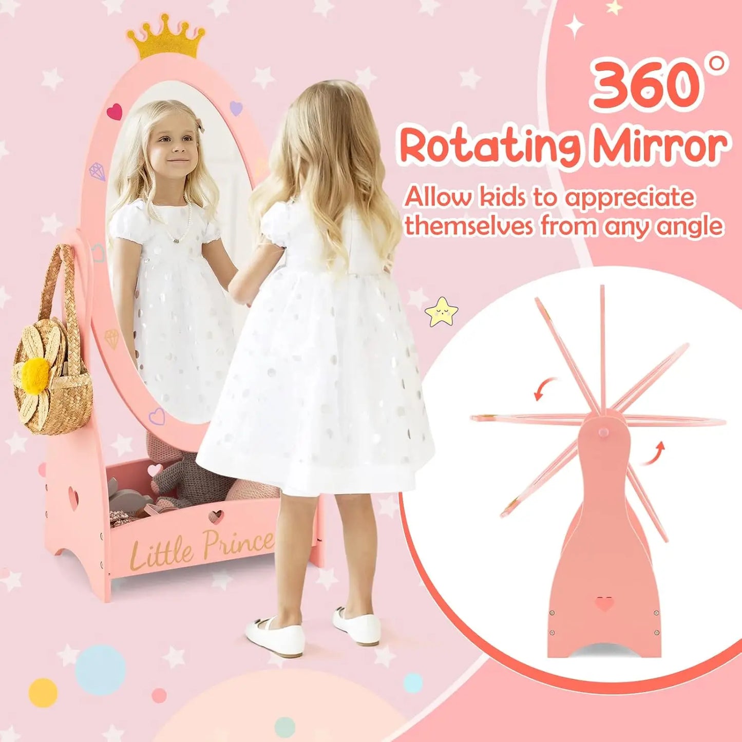 Kids Full Length Mirror, Princess Floor Free Standing Mirror w/Storage Shelf, 360 Degree Rotatable Oval Dressing Mirror