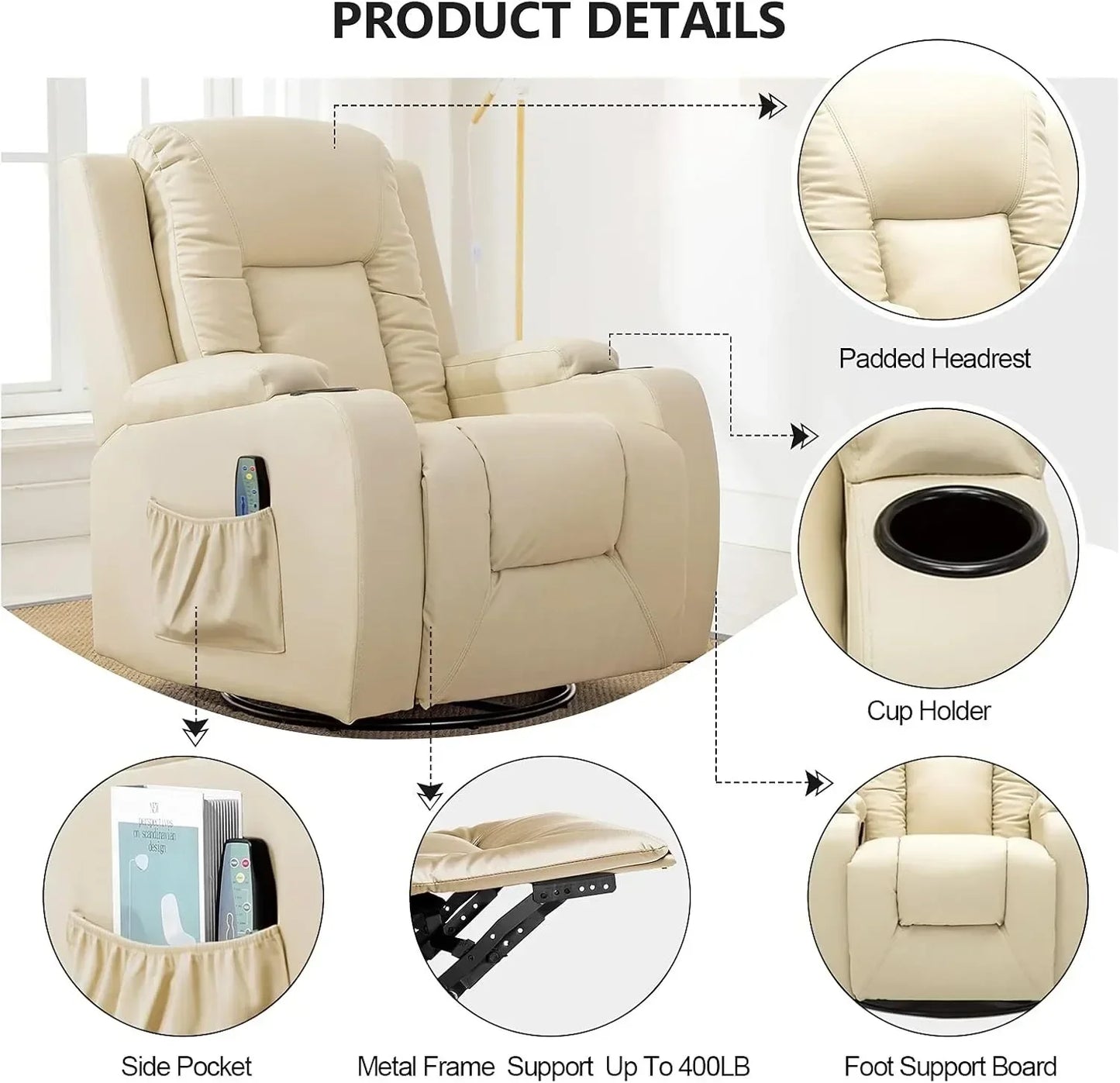 Recliner Chair, PU Rocking Chair for Adults,Swivel Reclinerand Massage,Single Sofa Seat with Side Pockets, Living Room,Bedroom