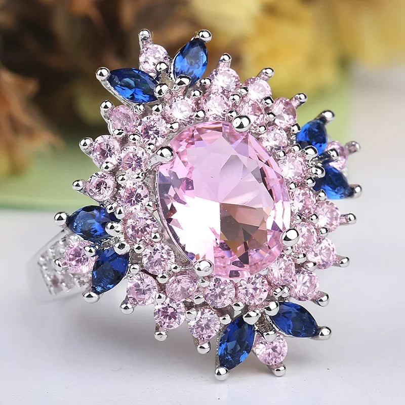 Fasion Real Solid 925 Sterling Silver Ring Women Gift AAA Multi Color Zircon Jewelry Blue Pave Flower Wedding Silver Ring Gift