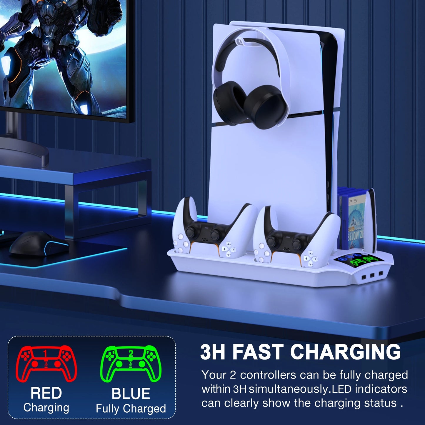 3 Mode Led Cooling Fan for PS5 Vertical Stand 2 Controller Charging Dock for Sony Playstation 5 Disc/Digital with 13 Game Slot