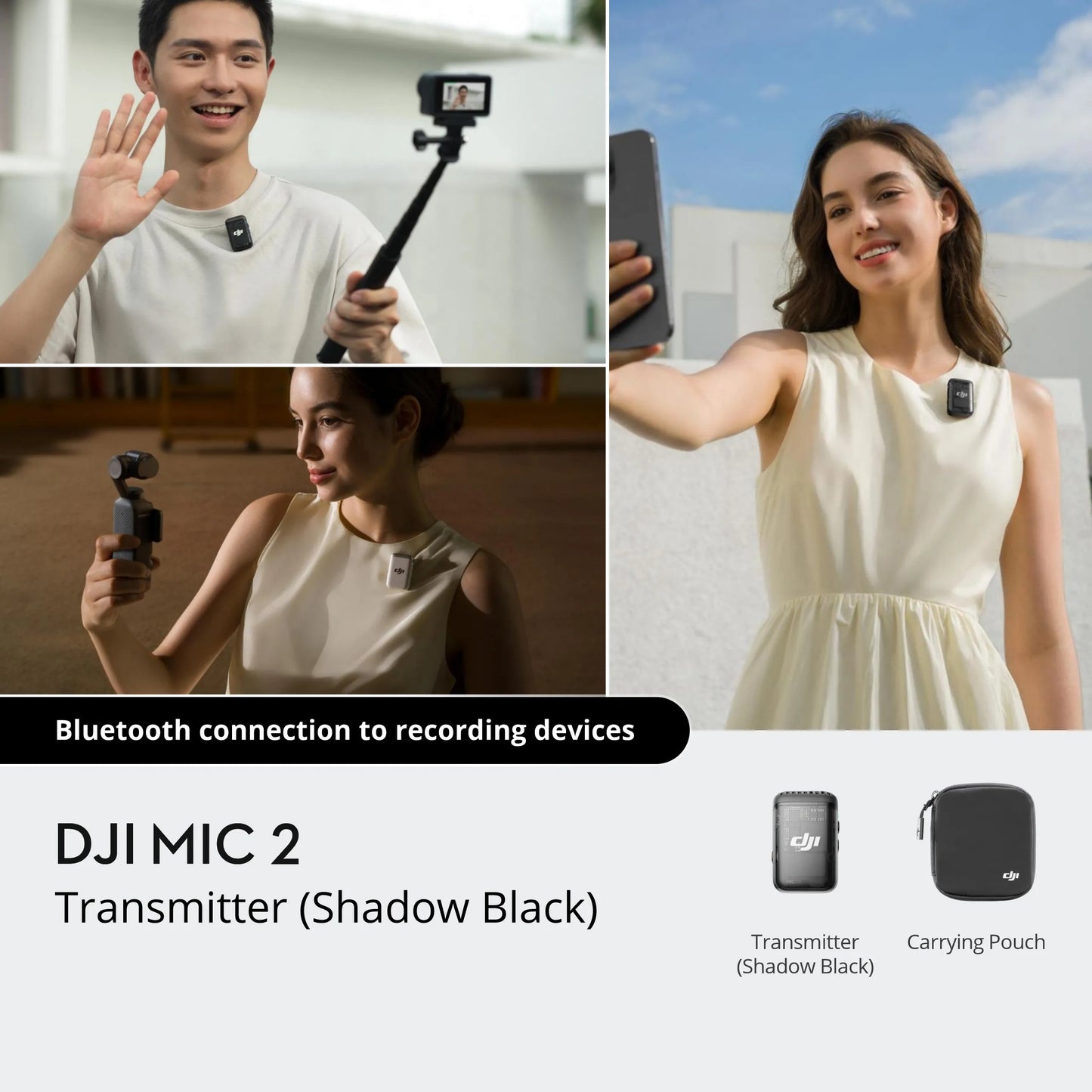 DJI Mic 2  Wireless Microphone with Intelligent Noise Cancelling 32-bit Float Internal Recording Optimized Sound 250m Range