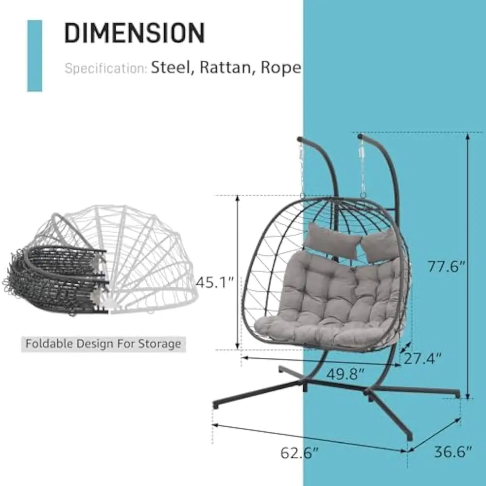 Double Rattan Swing Egg Chair with Side Pockets, Foldable Hanging Egg Chair with Stand, Outdoor and Indoor Egg Chairs