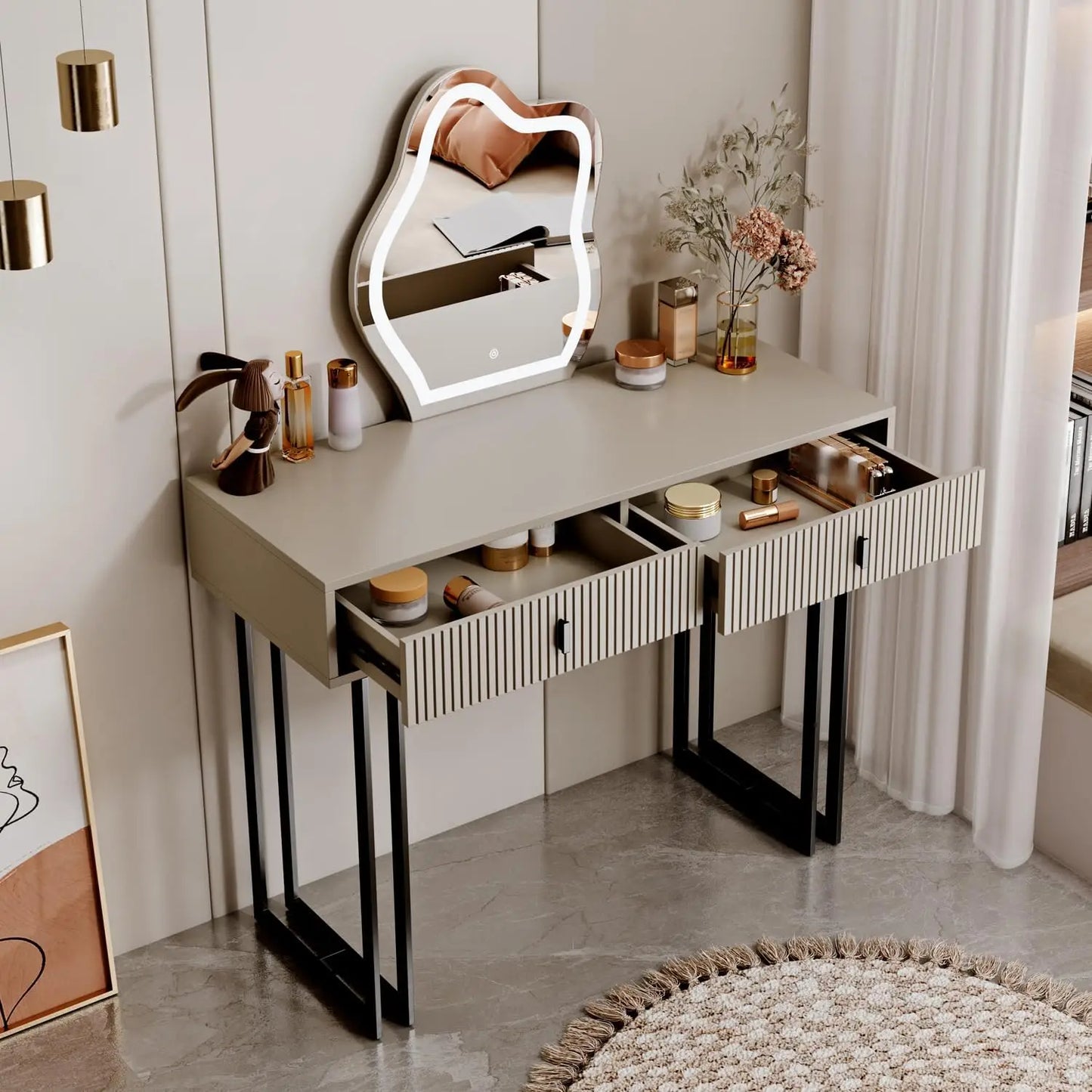 Vanity Table, Table for Makeup, Retractable Makeup Dressing Table with Nightstand,Vanity Desk with Lighted Mirror, 5 Drawers