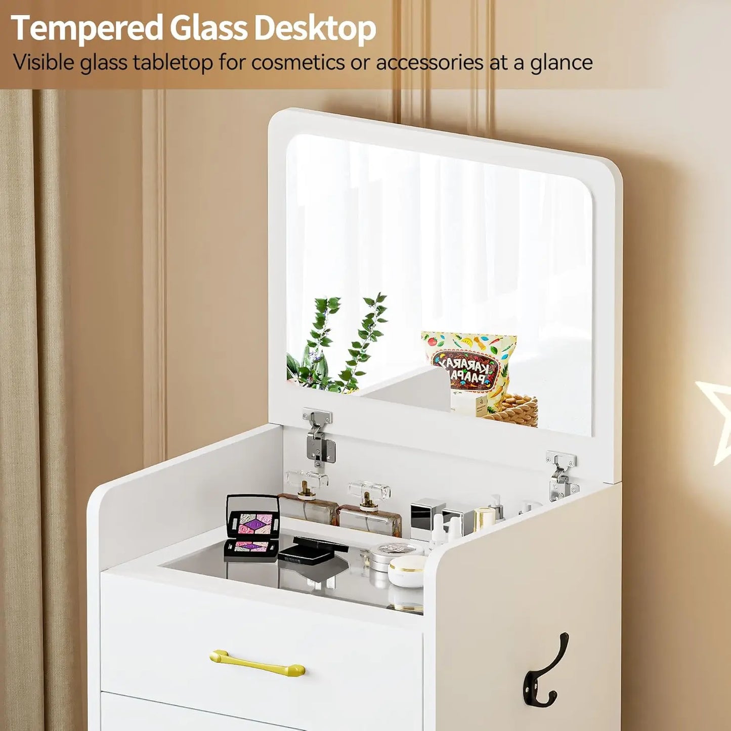 3in 1 Vanity Desk with Plip Top Mirror,Small Make Up Vanity Set with Visible Glass Desktop,Compact Makeup Vanity