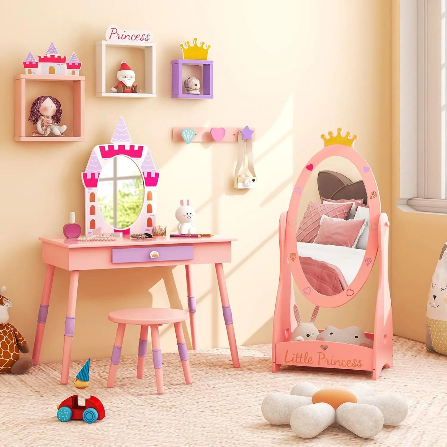 Kids Full Length Mirror, Princess Floor Free Standing Mirror w/Storage Shelf, 360 Degree Rotatable Oval Dressing Mirror