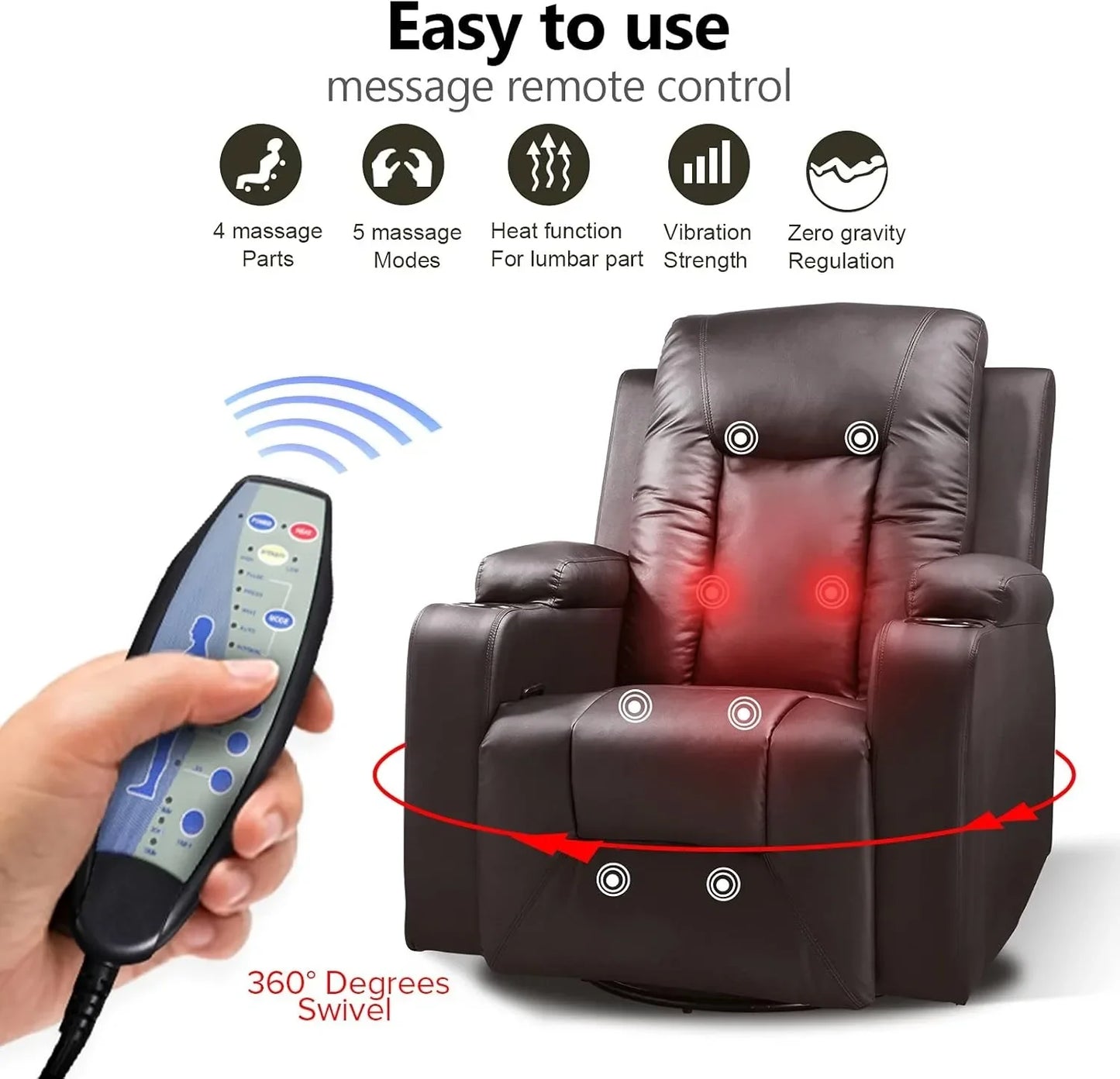 Recliner Chair, PU Rocking Chair for Adults,Swivel Reclinerand Massage,Single Sofa Seat with Side Pockets, Living Room,Bedroom