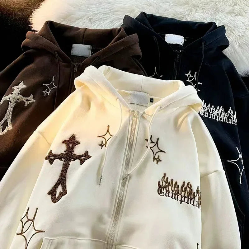 Harajuku Embroidery Sweatshirt Women Oversized Zip-Up Hoodies Gothic Hip Hop Hooded Streetwear Female Hoodie Y2k Full Jacket