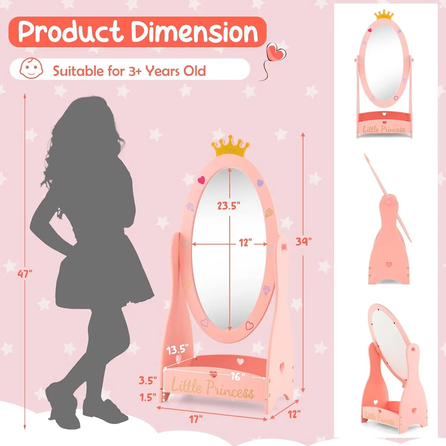 Kids Full Length Mirror, Princess Floor Free Standing Mirror w/Storage Shelf, 360 Degree Rotatable Oval Dressing Mirror