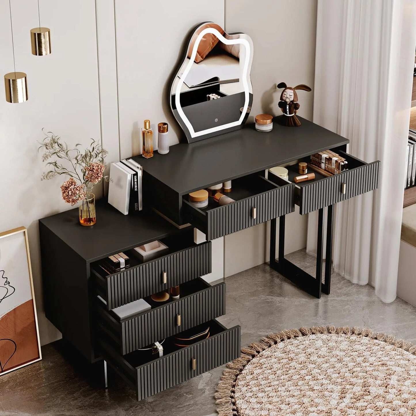 Vanity Table, Table for Makeup, Retractable Makeup Dressing Table with Nightstand,Vanity Desk with Lighted Mirror, 5 Drawers