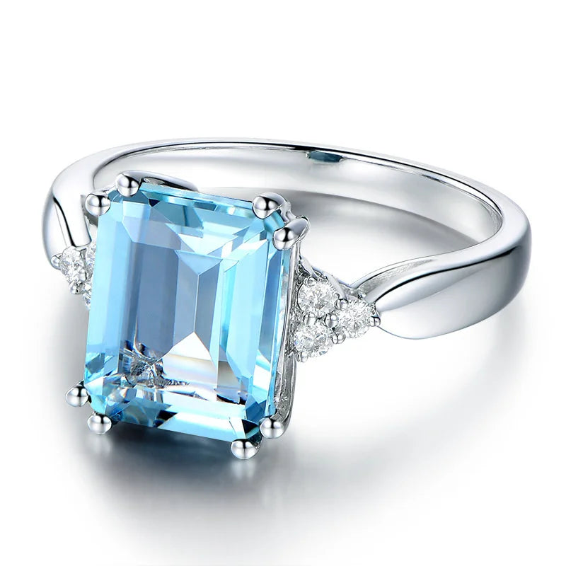 925 Sterling Silver Fashion Aquamarine Gemstone Ring For Women Wedding Party Jewelry Gifts Wholesale