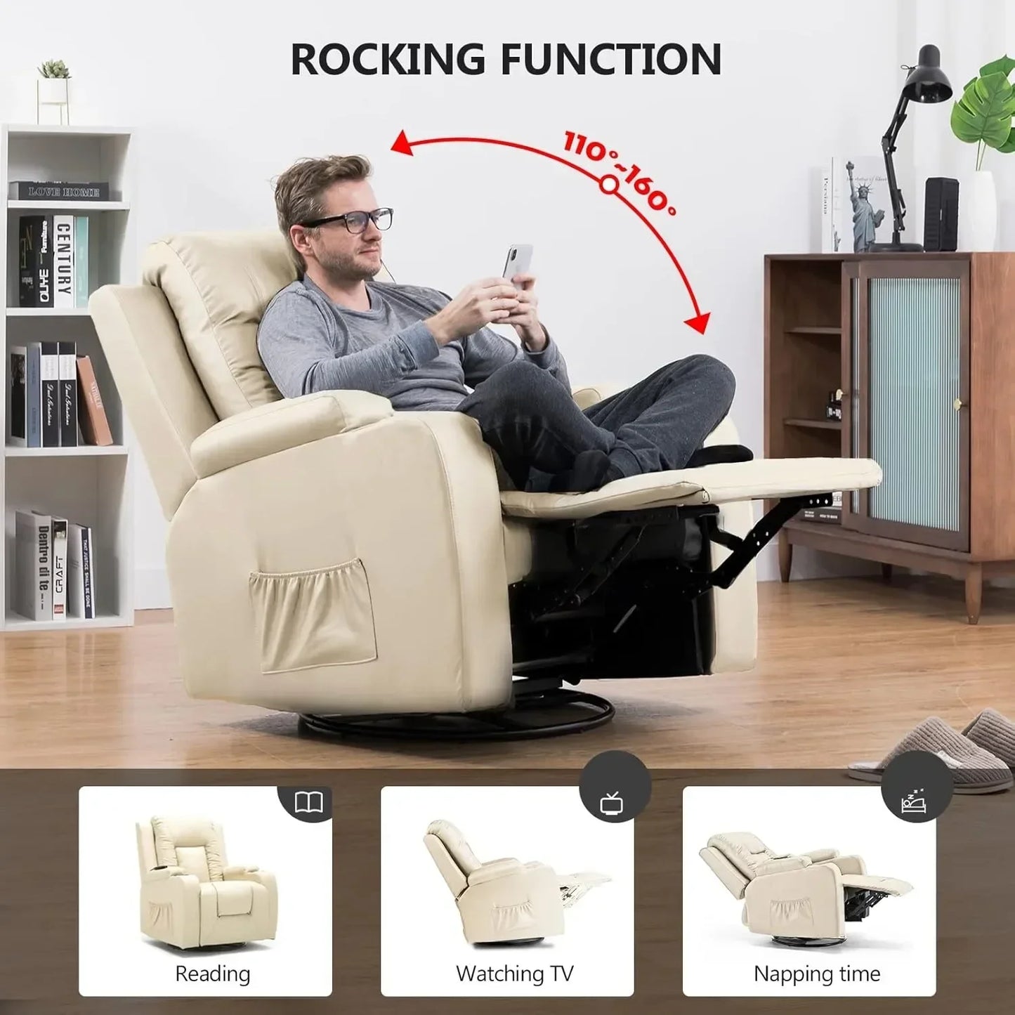 Recliner Chair, PU Rocking Chair for Adults,Swivel Reclinerand Massage,Single Sofa Seat with Side Pockets, Living Room,Bedroom