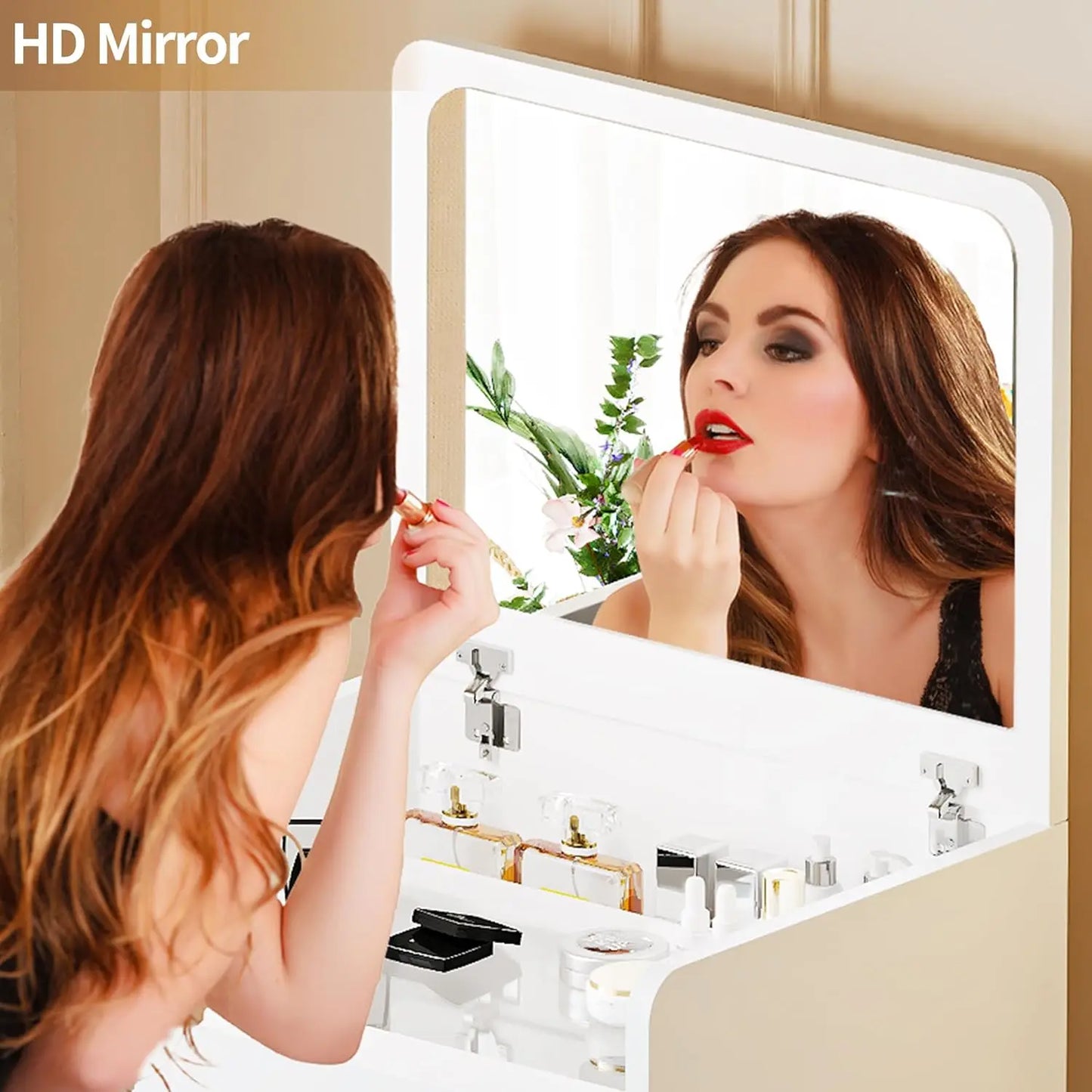 3in 1 Vanity Desk with Plip Top Mirror,Small Make Up Vanity Set with Visible Glass Desktop,Compact Makeup Vanity