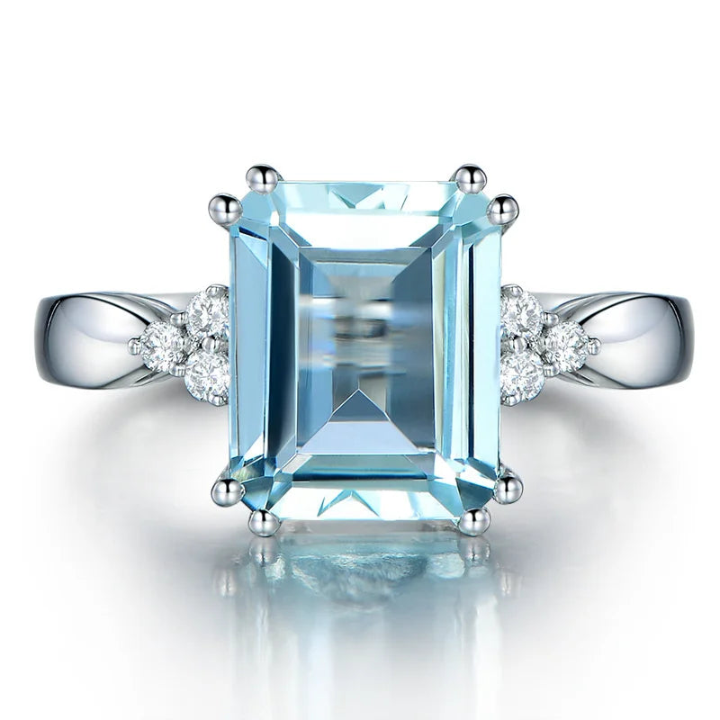 925 Sterling Silver Fashion Aquamarine Gemstone Ring For Women Wedding Party Jewelry Gifts Wholesale