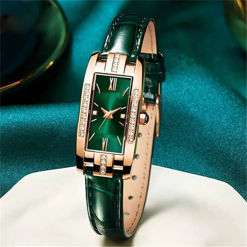 Womens Watches Fashion Square Ladies Quartz Watch Bracelet Set Green Dial Simple Leather Luxury Women Watches