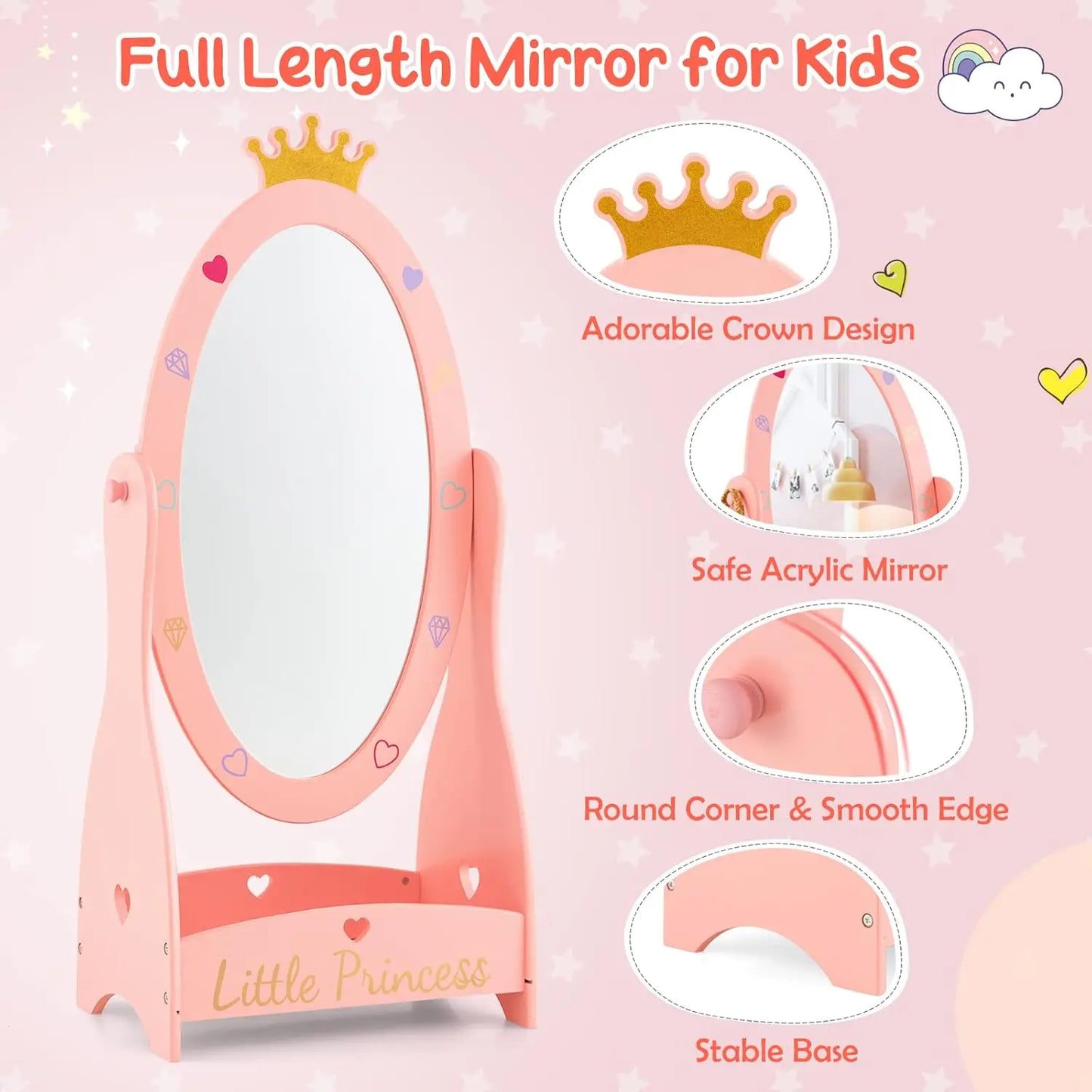 Kids Full Length Mirror, Princess Floor Free Standing Mirror w/Storage Shelf, 360 Degree Rotatable Oval Dressing Mirror