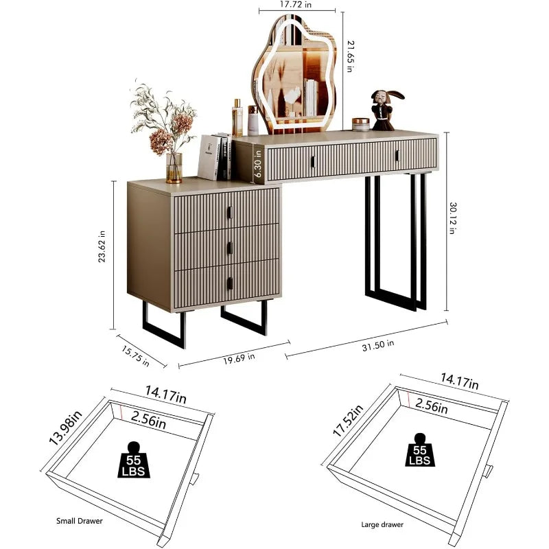 Vanity Table, Table for Makeup, Retractable Makeup Dressing Table with Nightstand,Vanity Desk with Lighted Mirror, 5 Drawers